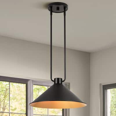 1-Light Vintage Industrial Black and Gold Interior Metal Cone Pendant Light with Adjustable Rods - 15.75 in. W x 7.48 in. H