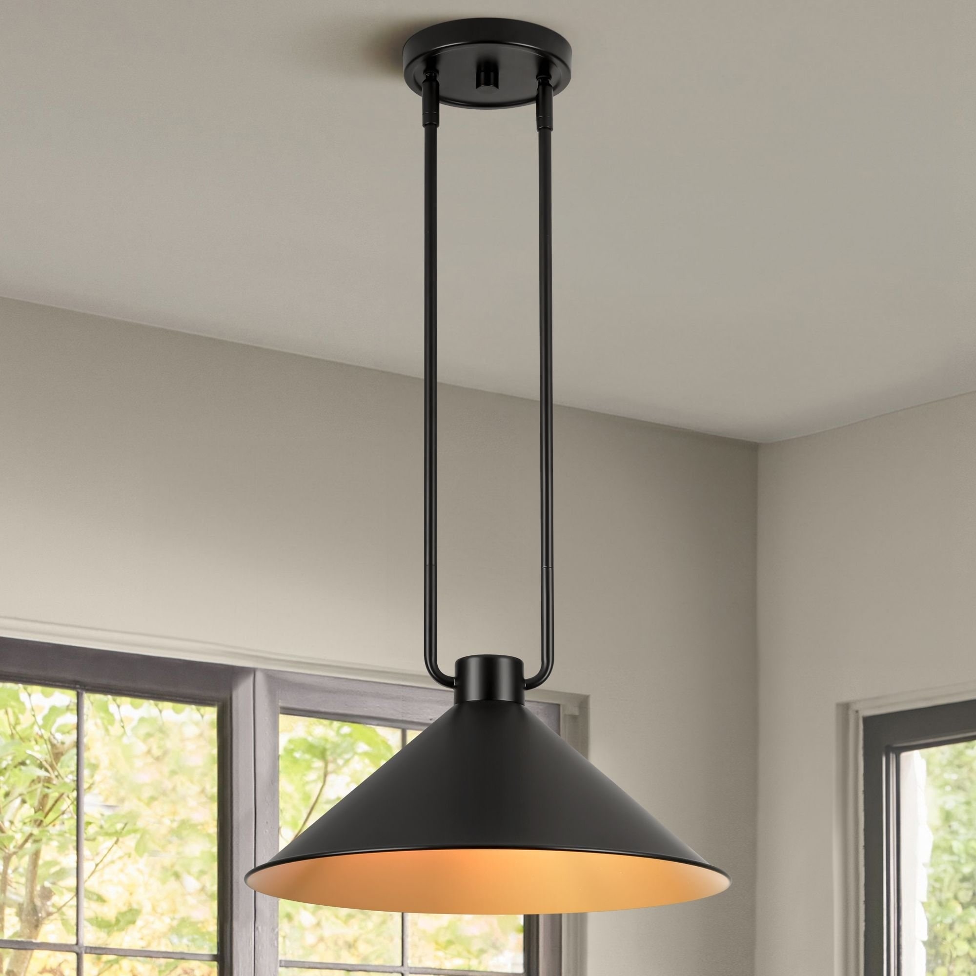 Rennnsan 1-Light Vintage Industrial Black and Gold Interior Metal Cone Pendant Light with Adjustable Rods