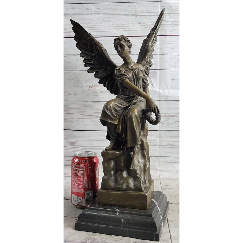 Bronze Statue Of Seated Angel Holding Wreath Sculpture On Marble Base 17 Inches X 9 Inches