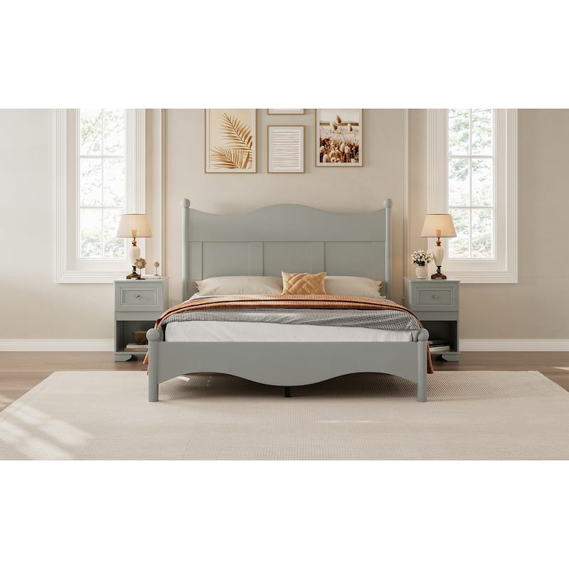 Queen Size Retro-Inspired Wood Platform Bed Frame with Durable Slat Support, Sturdy Rubber Wood Construction