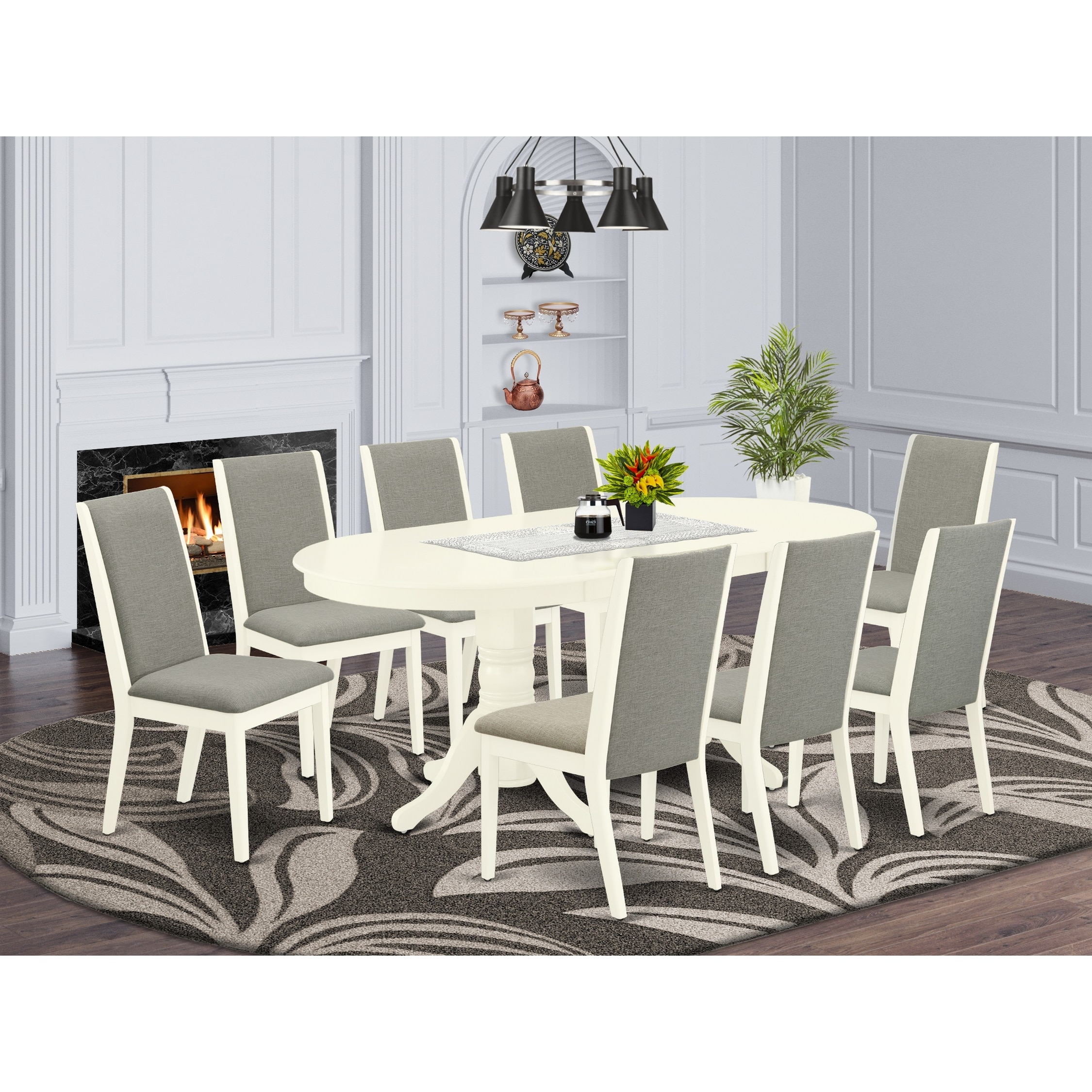 VALA9 LWH 06 9 Piece Kitchen Table Set 8 Person Dining Chairs And Butterfly Leaf Oval Kitchen Table Linen White Finish Overstock 32085577