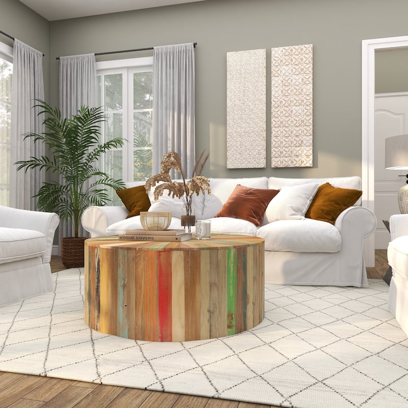 Brown Reclaimed Wood Handmade Pinwheel Drum Geometric Coffee Table with Colorful Painted Accents