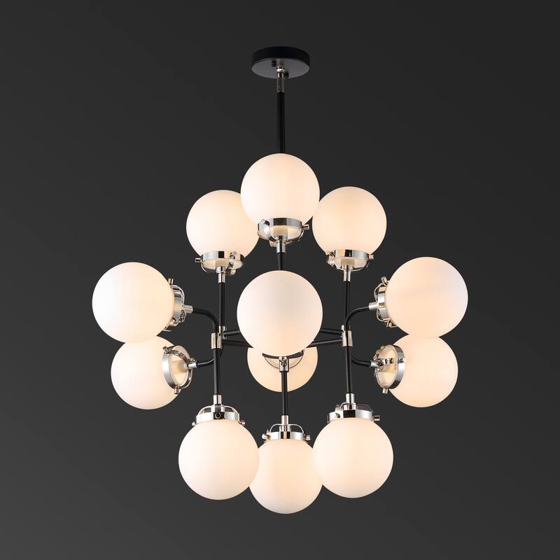 SAFAVIEH Couture Vergie White Glass 12-Light Pendant - 31 In W x 31 In D x 28.5 / 58.5 In H - Black - 31Wx31Dx59H