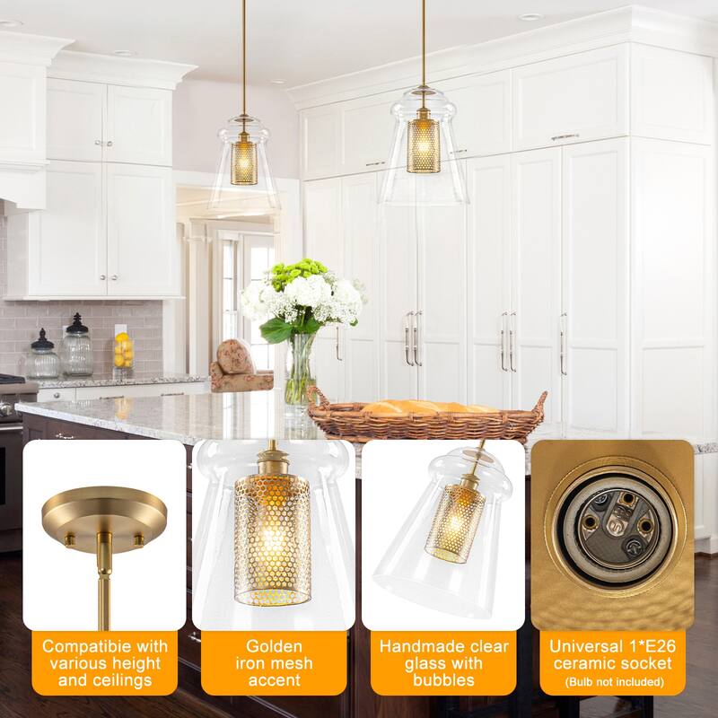Modern Gold Kitchen Island Pendant Light with Clear Seeded Glass Shade - Dia.11.5-in