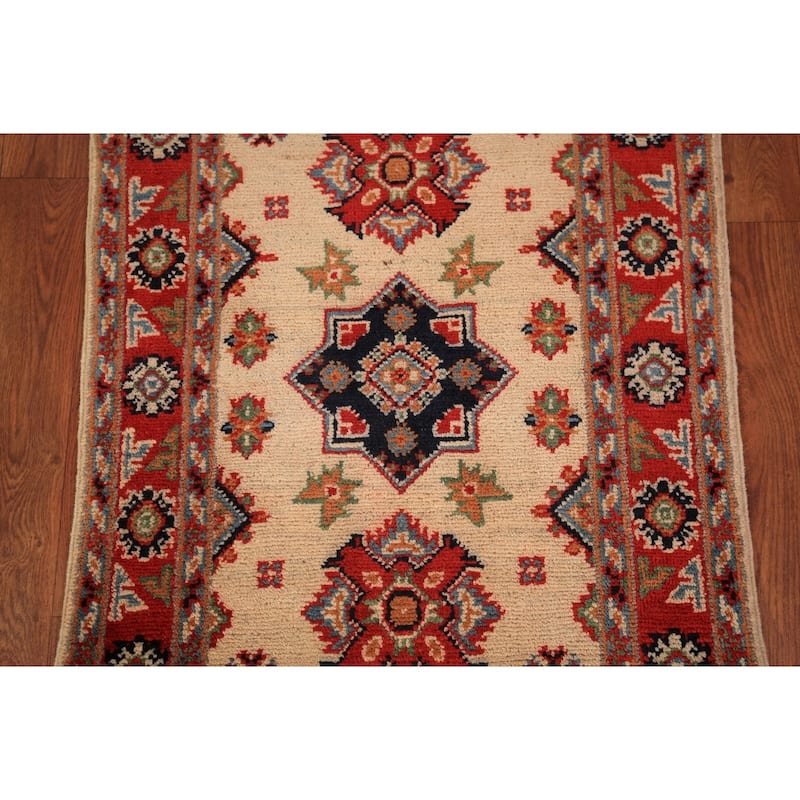 Geometric Kazak Oriental Foyer Rug Hand-Knotted Beige Wool Carpet - 2'0" x 3'0"