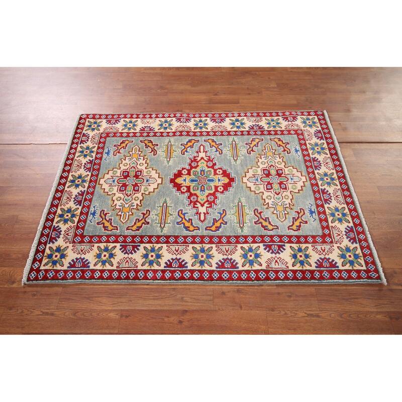 Geometric Kazak Foyer Rug Hand-Knotted Blue Wool Carpet - 3'4" x 4'9"