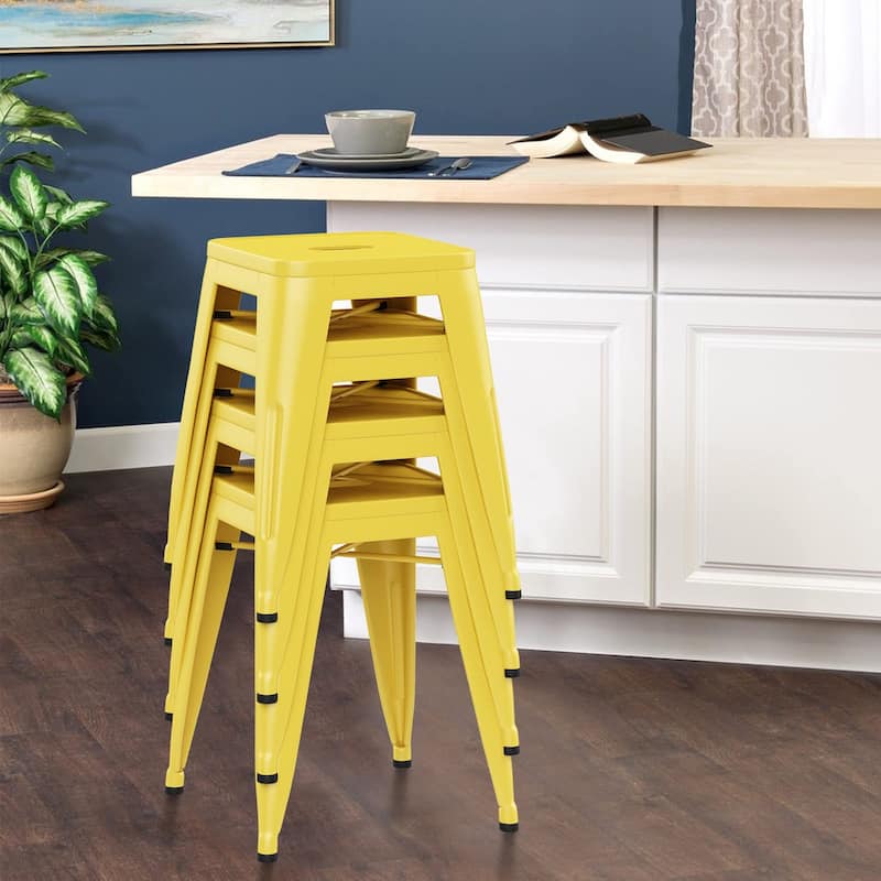 Backless Industrial Metal Bar Stool Kitchen Stackable Kids Stools Short Stools Metal Dining Chairs Set of 4 - 18inch - Yellow