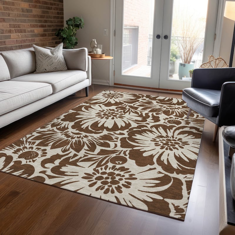 Machine Washable Indoor/ Outdoor Whimsy Floral Chantille Rug - Brown - 10' x 14'