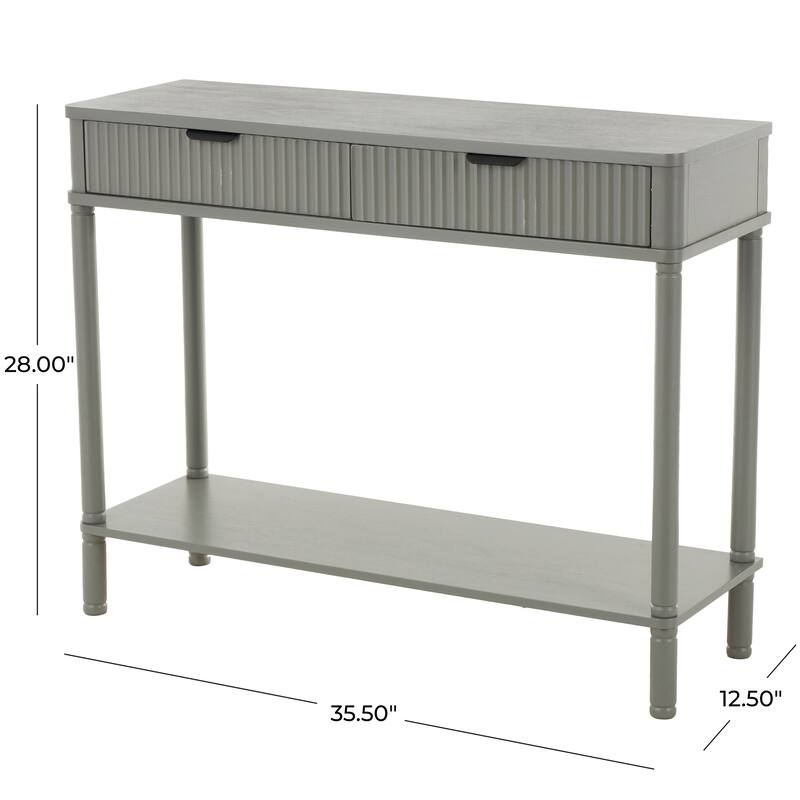 Gray Wood Handmade 2 Drawer Living Room Console Table with Black Handle and Ribbed Front