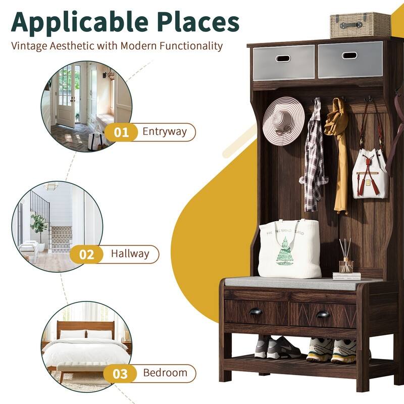 3-in-1 Design Hall Tree with 6 Hooks and Hinged Lid，Entryway Bench with Coat Hanger