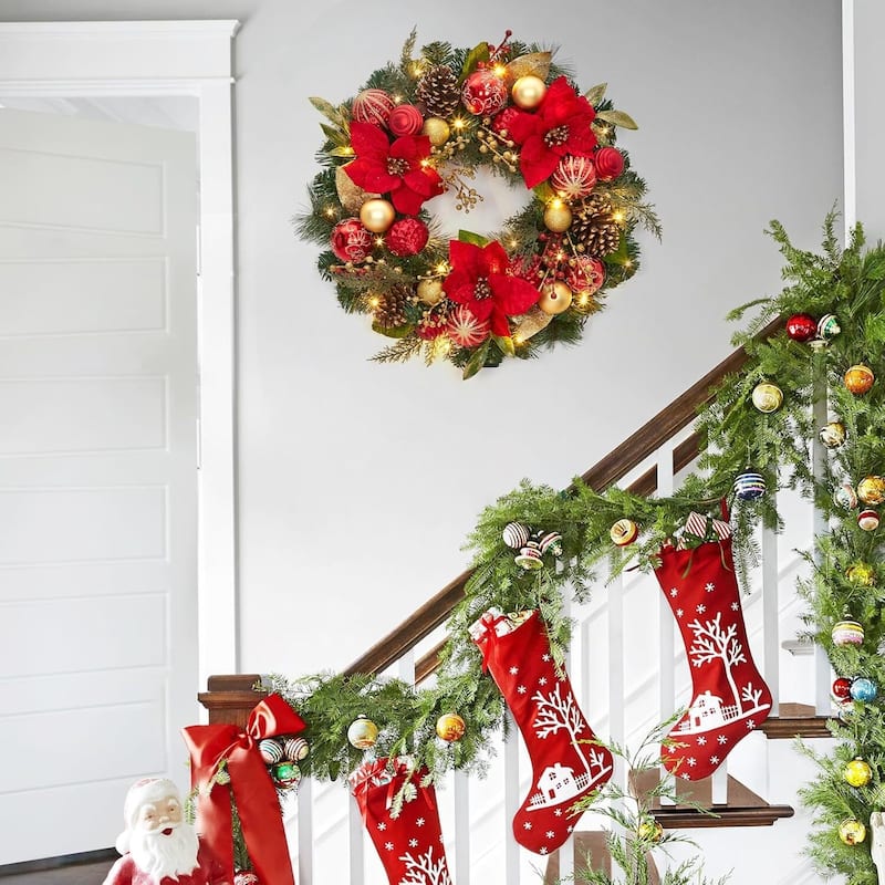 24 Inch Christmas Wreath with Lights for Front Door Wall Decor - N/A