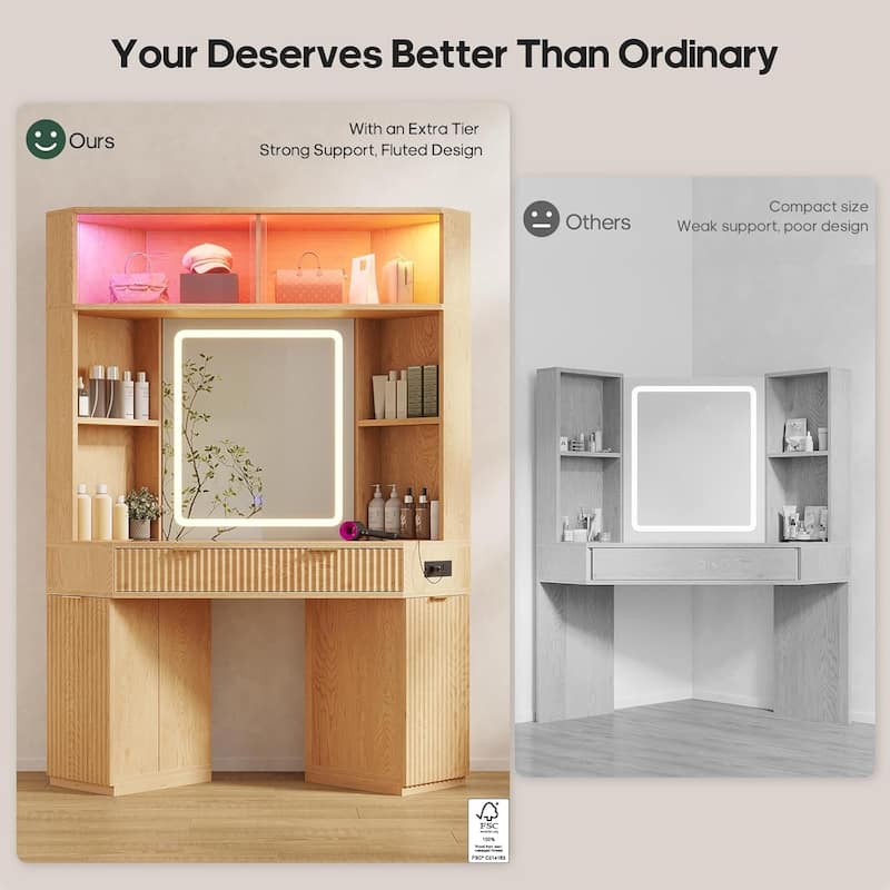 Corner Vanity Desk with Lighted Mirror Drawers Shelves Storage Stool
