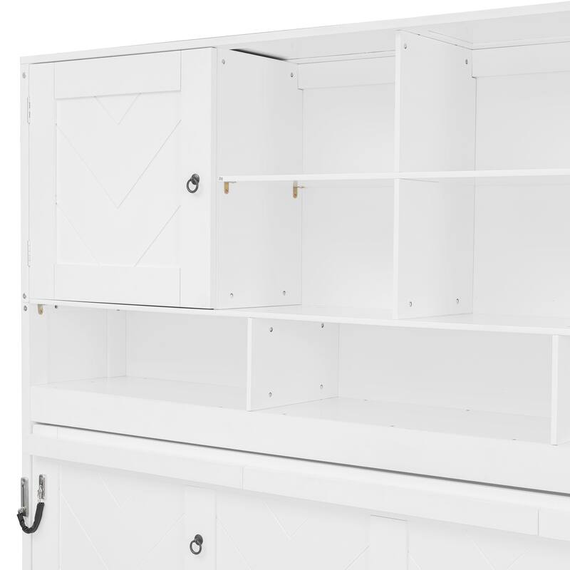 Roomfitters Queen Murphy Bed with Storage Shelves and Chevron Cabinets, Wall Mounted Space Saving Fold Down Bed System, White