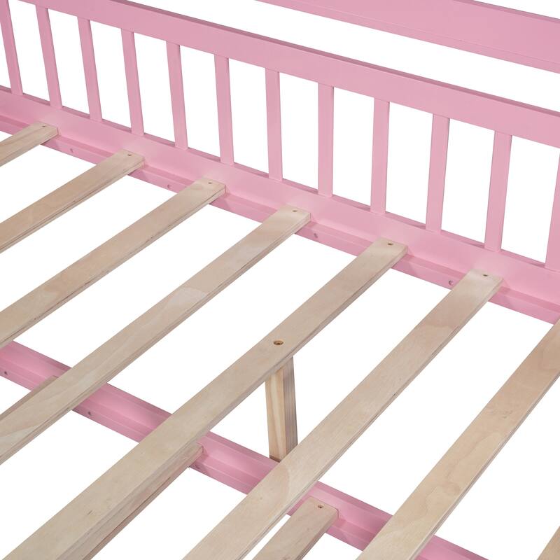 Cute Wooden Twin or Full House Bed with Trundle, Kids Bed Wood Platform Bed Frame with Safety Guardrail & Storage Shelf