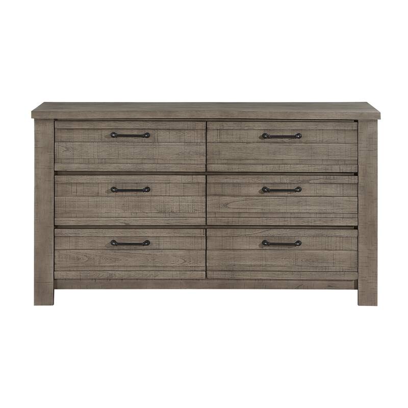 Niti 63 Inch Wide Dresser, 6 Drawers with Black Handles, Plank Style, Gray