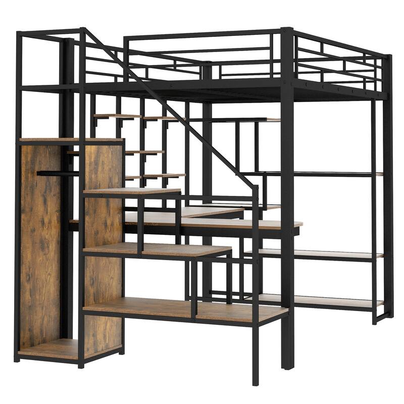 Full Size Metal Loft Bed with Built-In Desk, Storage Staircase, Small Wardrobe & 3-Tier Shelves