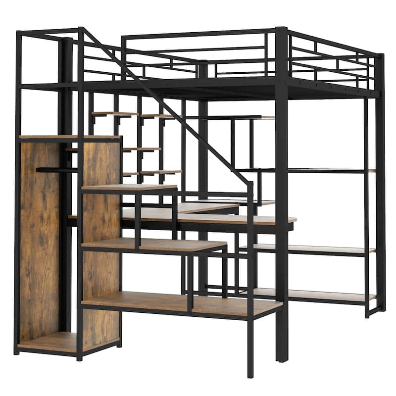 Roomfitters Full Size Metal Loft Bed with Wardrobe, Desk and Storage Staircase