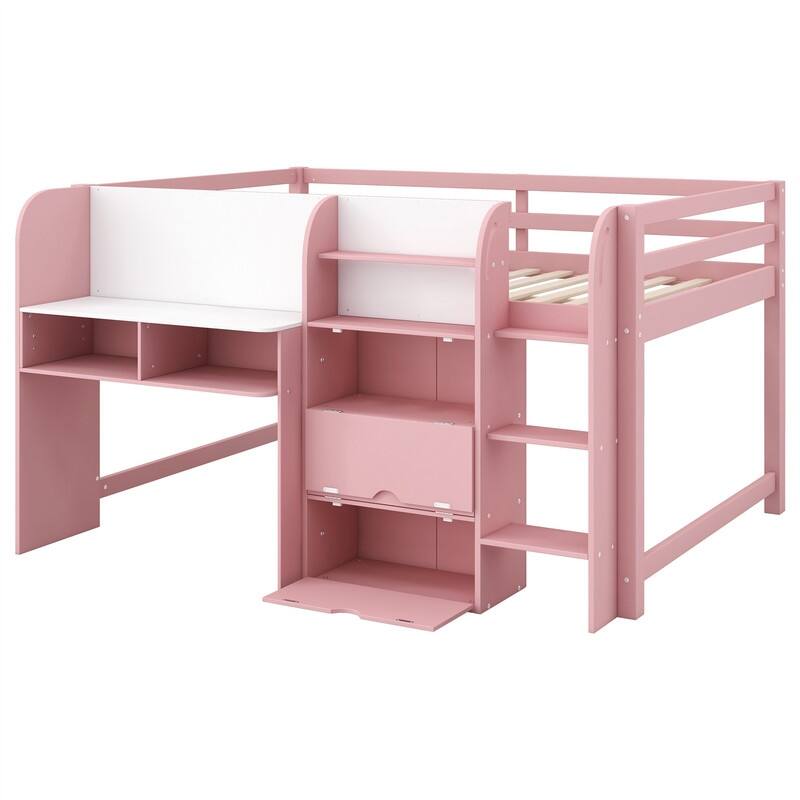Full Size Low Loft Bed with Bulit-in Desk, Open Bookcase and Storage Cabinets, Wooden Kids Loft Bedframe w/ Graffiti Whiteboard