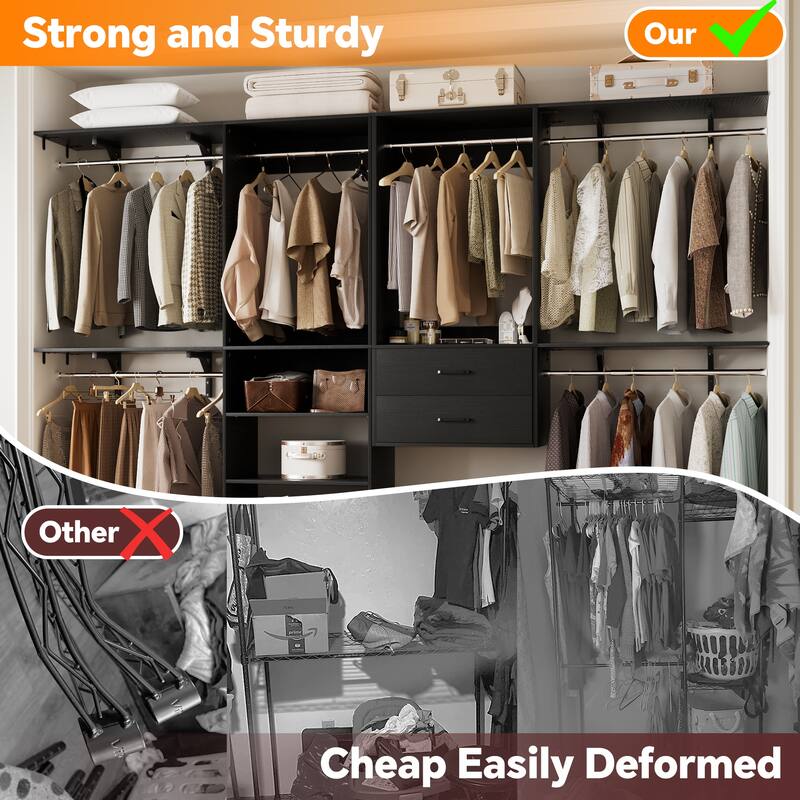Closet System with 2 Sets, 154'' Walk-in Closet Organizer System with 2 Drawers & 8 Hanging Rods & 6 Reversible Shelf Towers