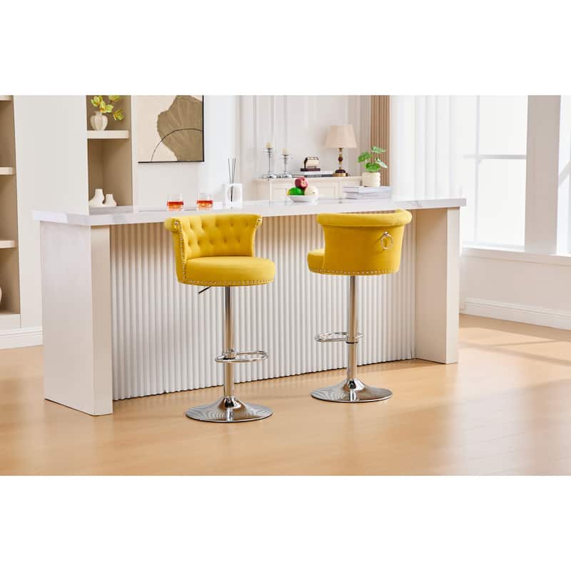 Velvet Upholstered Bar Stool Set of 2, Adjusatble Height Swivel Bar Stools, Dining Chairs with Curved Backrest & Footrest