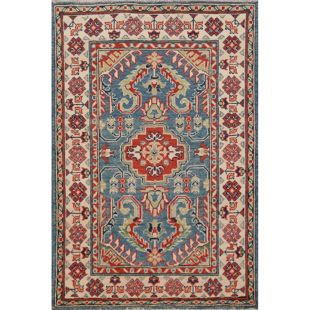 Blue Geometric Kazak Oriental Foyer Rug Handmade Wool Carpet - 2'9"x 4'11"