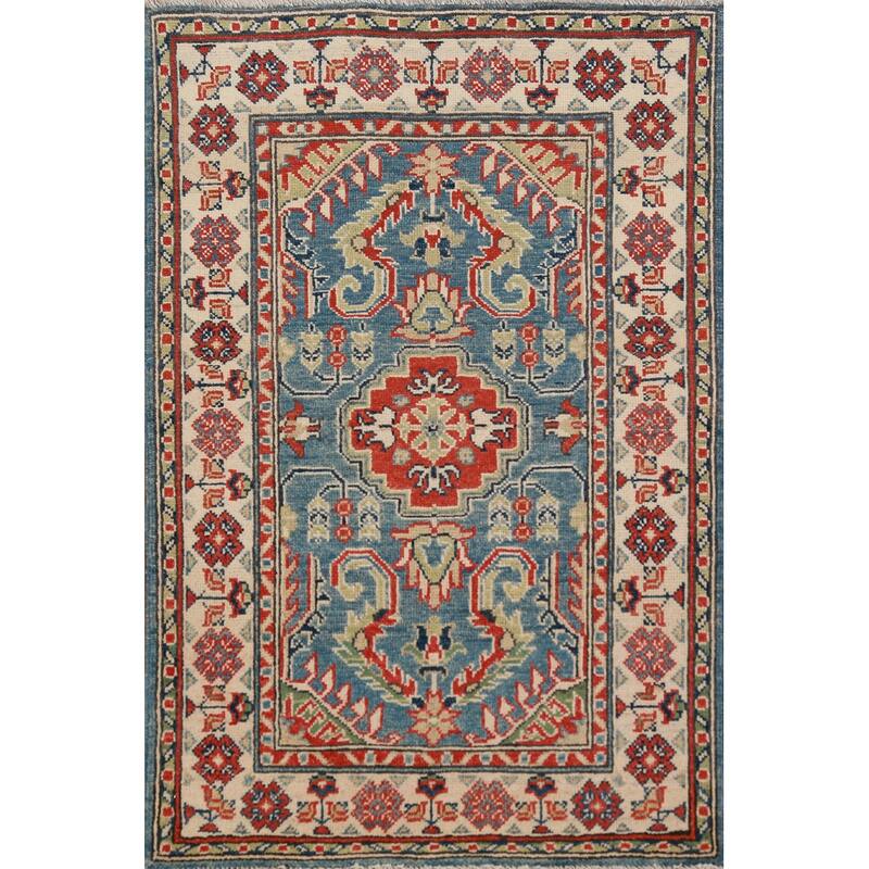 Blue Geometric Kazak Oriental Foyer Rug Handmade Wool Carpet - 2'9"x 4'11"