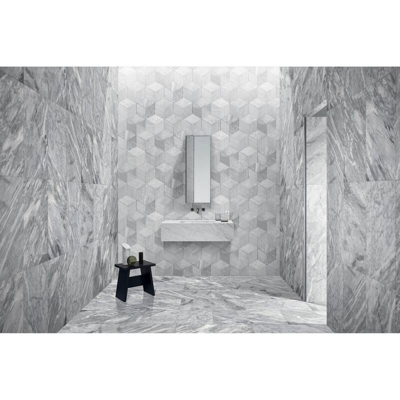 Roomfitters Hexagon Marble Tile for Wall, 3D Fluted OL Textured Natural Stone, Genuine Marble, 12-Piece Box, Carrara Gray - Natural+Grey