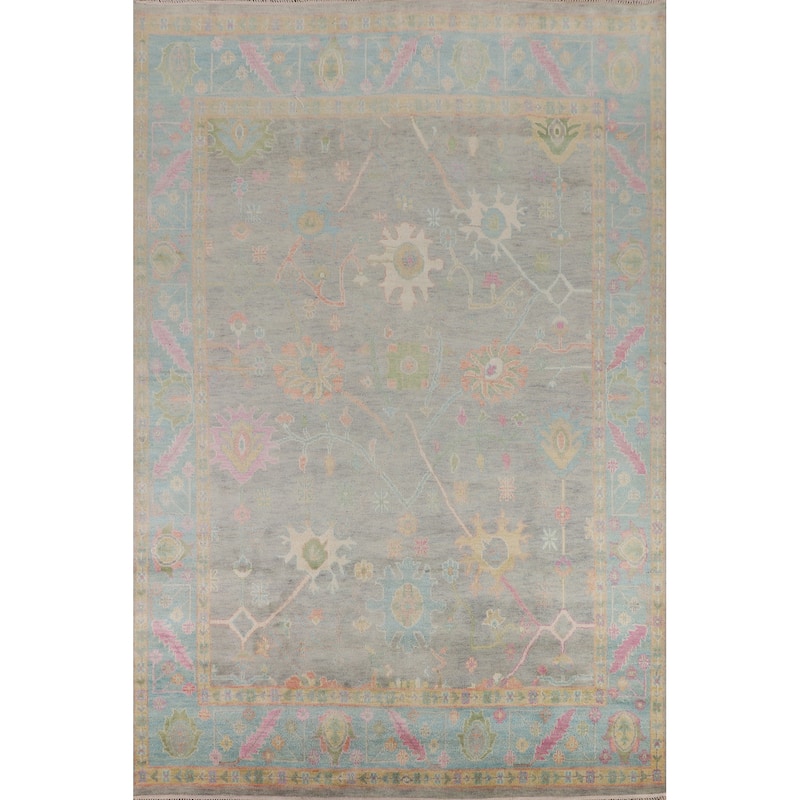 Grey Floral Oushak Indian Area Rug Handmade Wool Carpet - 8'8"x 12'6"