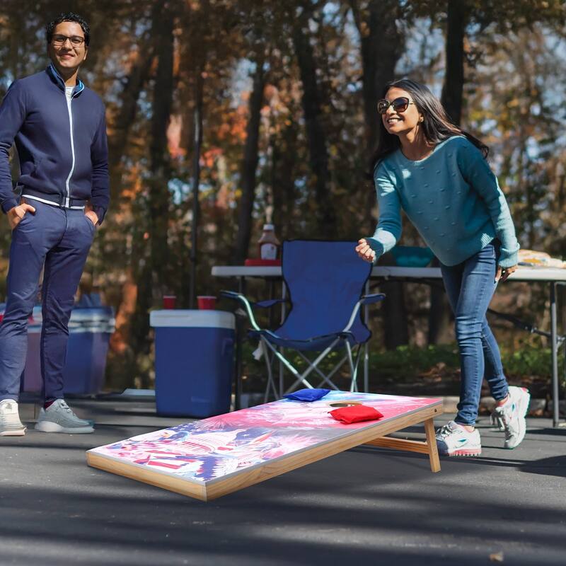 4 x 2 Feet Folding Wooden Cornhole Set with 8 Bean Bags and UV Printed Boards for Backyard Fun - 4.12x1.97x0.99 ft.
