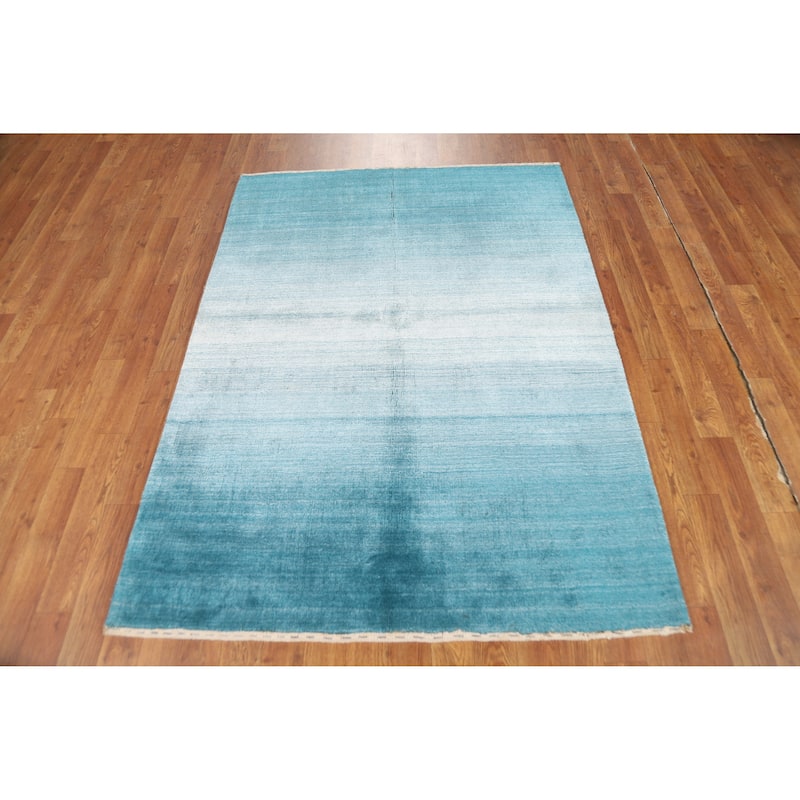 Contemporary Blue Striped Gabbeh Oriental Rug Handmade Wool Carpet - 3'10" x 5'5"