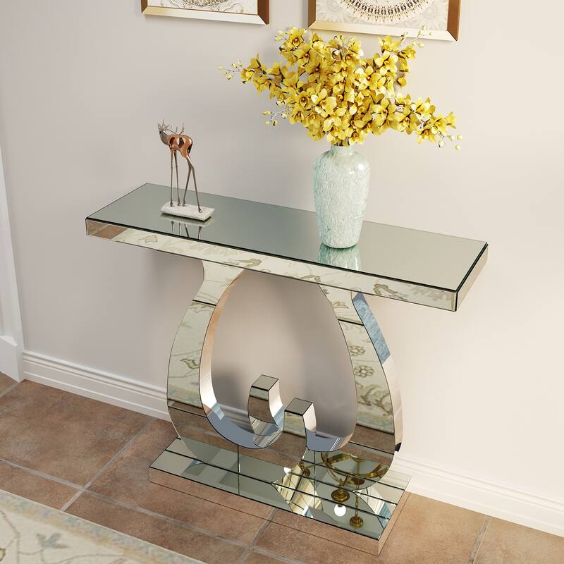 Modern Mirrored 39.37" Console Table, Glass Sofa Table with C-Shaped Base for Stylish Living Room Decor