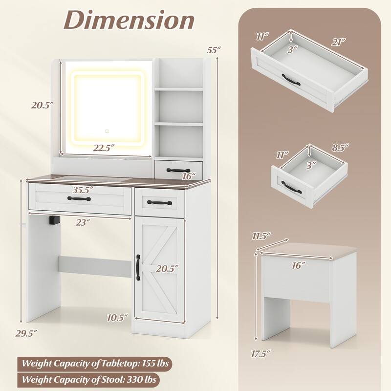 Vanity Desk and Stool Set with Lighted Mirror Built in Charging Station and Storage Drawers White Walnut - 35.5" x 16" x 55"