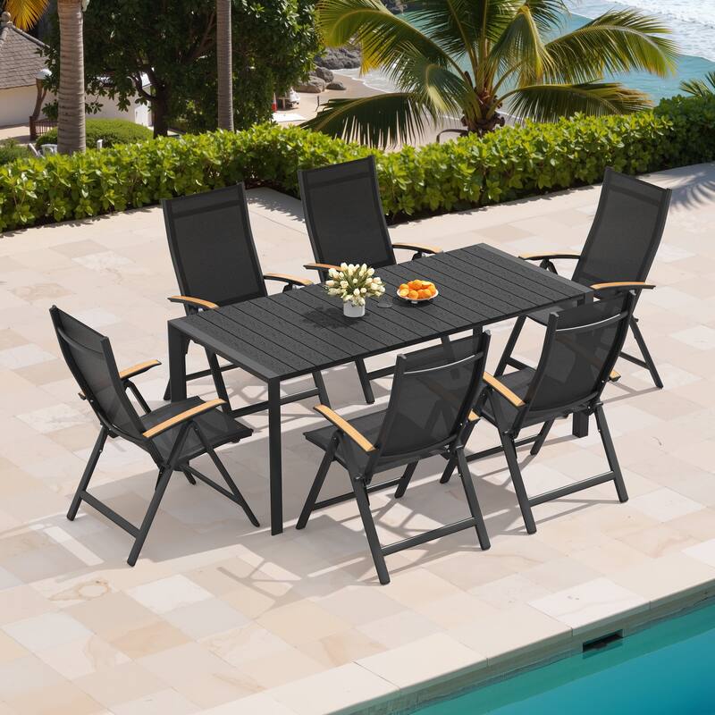7/9/11-Piece Outdoor Dining Set Patio Aluminum Dining Table and Adjustable Folding Chairs - Black - Set of 7