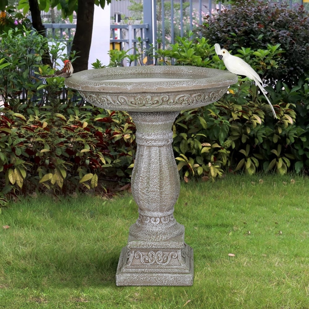 SunJet 23.8" H Concrete Bird Bath with Carved Pedestal Birdbath for Outdoor - 23.8" H * 20" W * 20" D