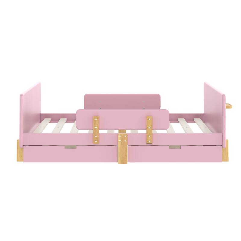 Full Size Platform Bed with Storage Drawers, Solid Wood Beds Frame with Bed Guardrail, Small Shelf, and Hooks