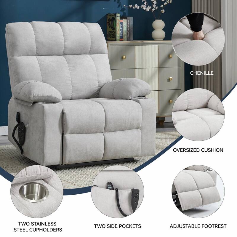 Dual Motor Infinite Position Up to 350 LBS Chenille Power Lift Recliner Chair