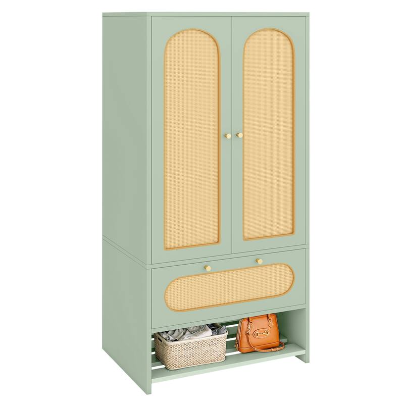Moasis 70" Rattan Armoire Bedroom Wardrobe with Drawer & Hanging Rod