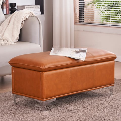 Stylish Faux Leather Storage Ottoman with Silver Metal Legs