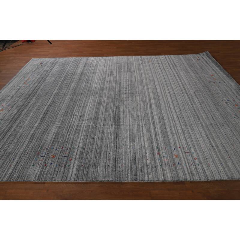 Hand Knotted Oriental 100% Wool Carpet Tribal Stripe Greys & Charcoal Gabbeh Area Rug - 9' 10'' X 8' 3''