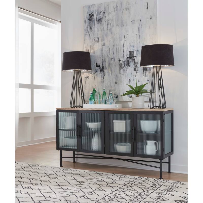 Aere Four Door Ribbed Glass, Metal and Wood Sideboard in Natural Ash and Black - 36" x 66" x 18"