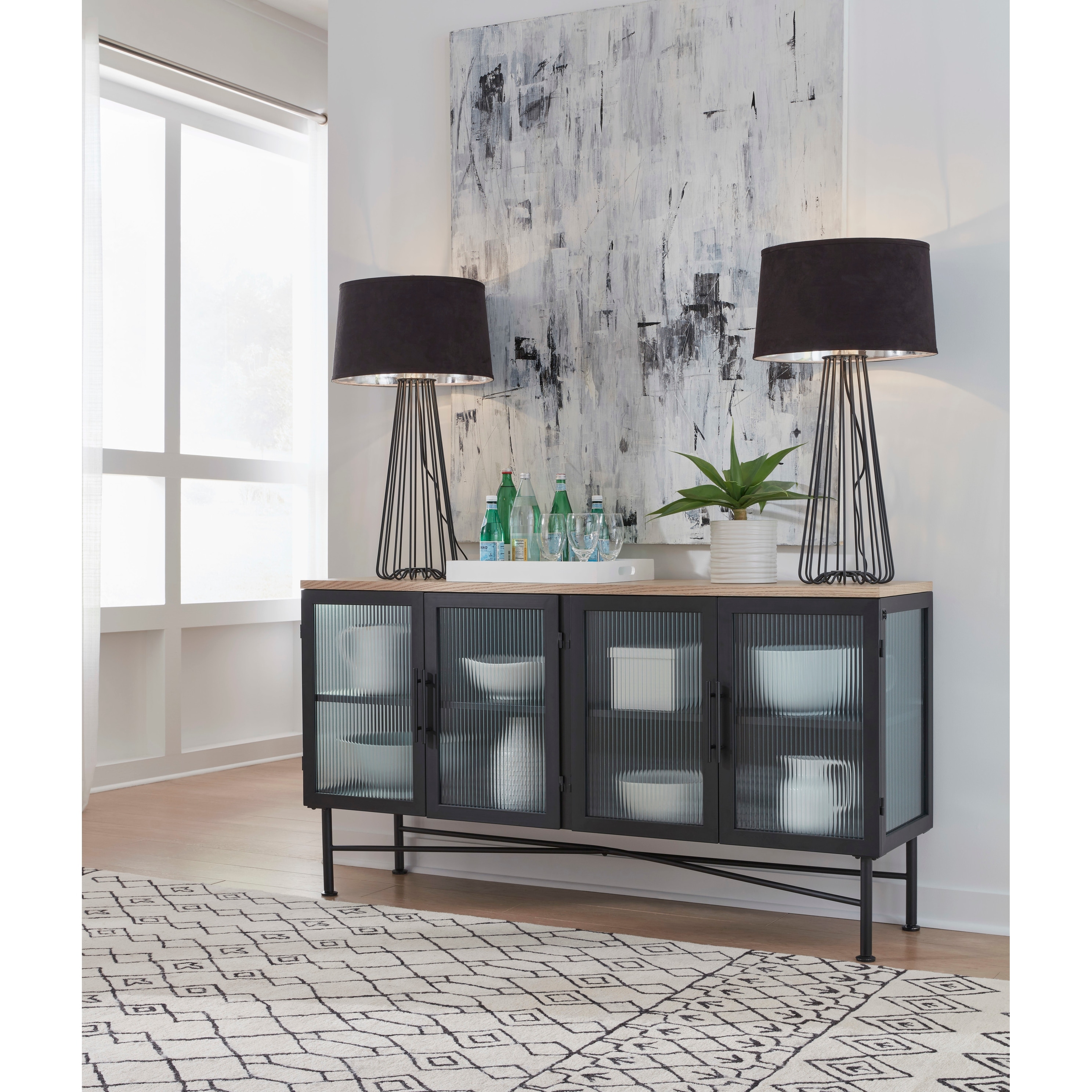 Aere Four Door Ribbed Glass, Metal and Wood Sideboard in Natural Ash and Black - 36" x 66" x 18"