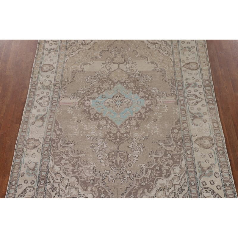 Distressed Beige Tabriz Persian Vintage Rug Handmade Wool Carpet - 6'5"x 9'7"