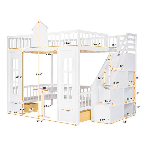dimension image slide 0 of 2, Full-Over-Full Bunk Bed with Changeable Table