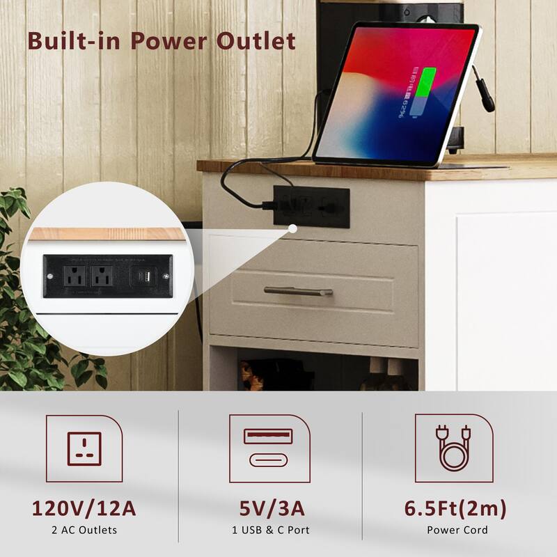 Fluted Kitchen Island with Trash Can Storage and Power Outlet