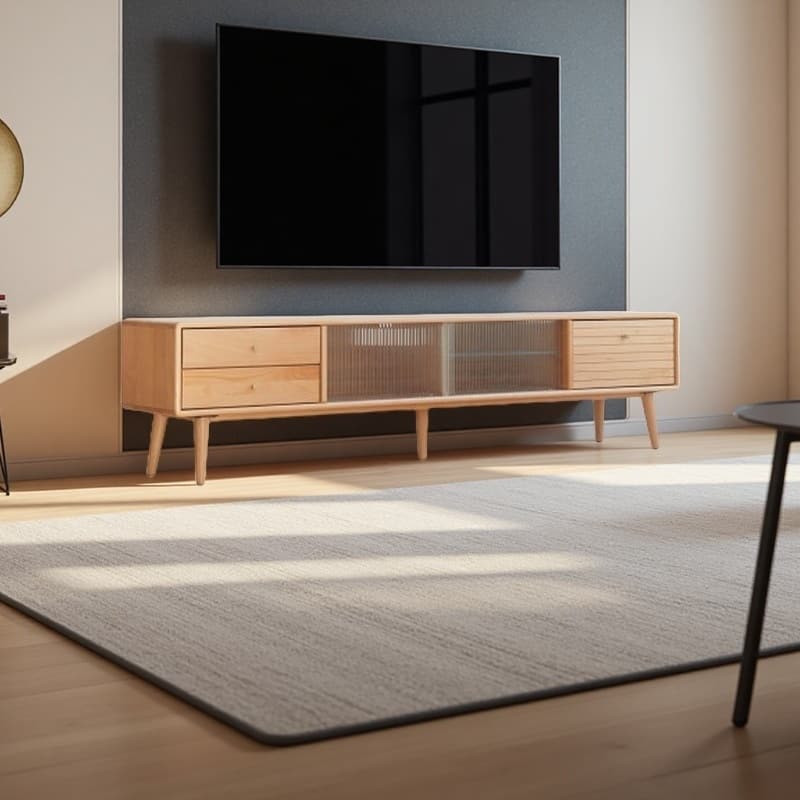 Modern 180cm Oak Wood TV Stand with Glass Panels and Hidden Storage Drawers, Easy 10-Minute Setup