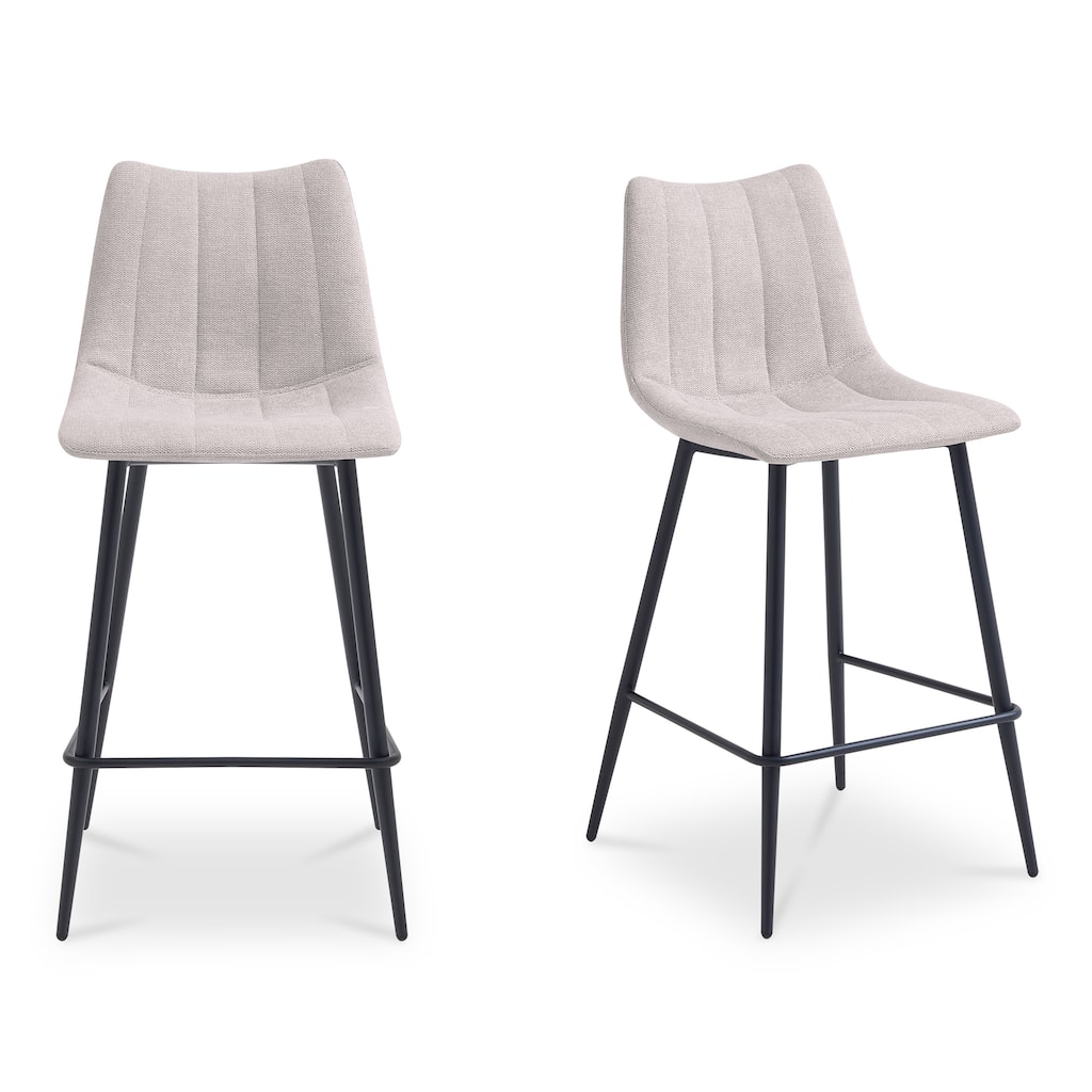 NADAAL STUDIOS Florian Counter Stool, Curved Back with Vertical Stitching and Steel Tapered Legs, Beige