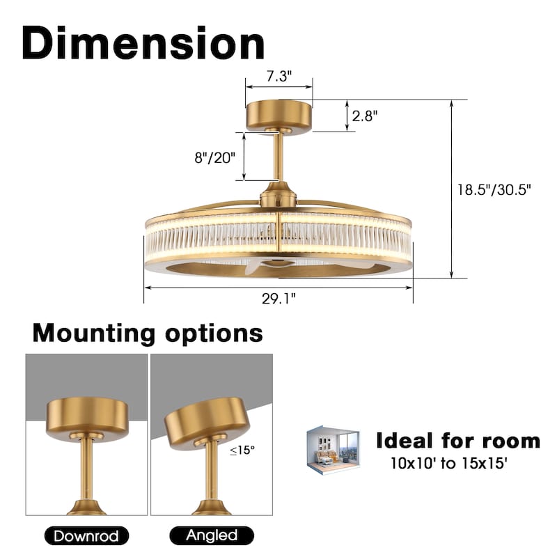 Perimost 29" Modern Gold Crystal Chandelier Ceiling Fan with Light and Remote