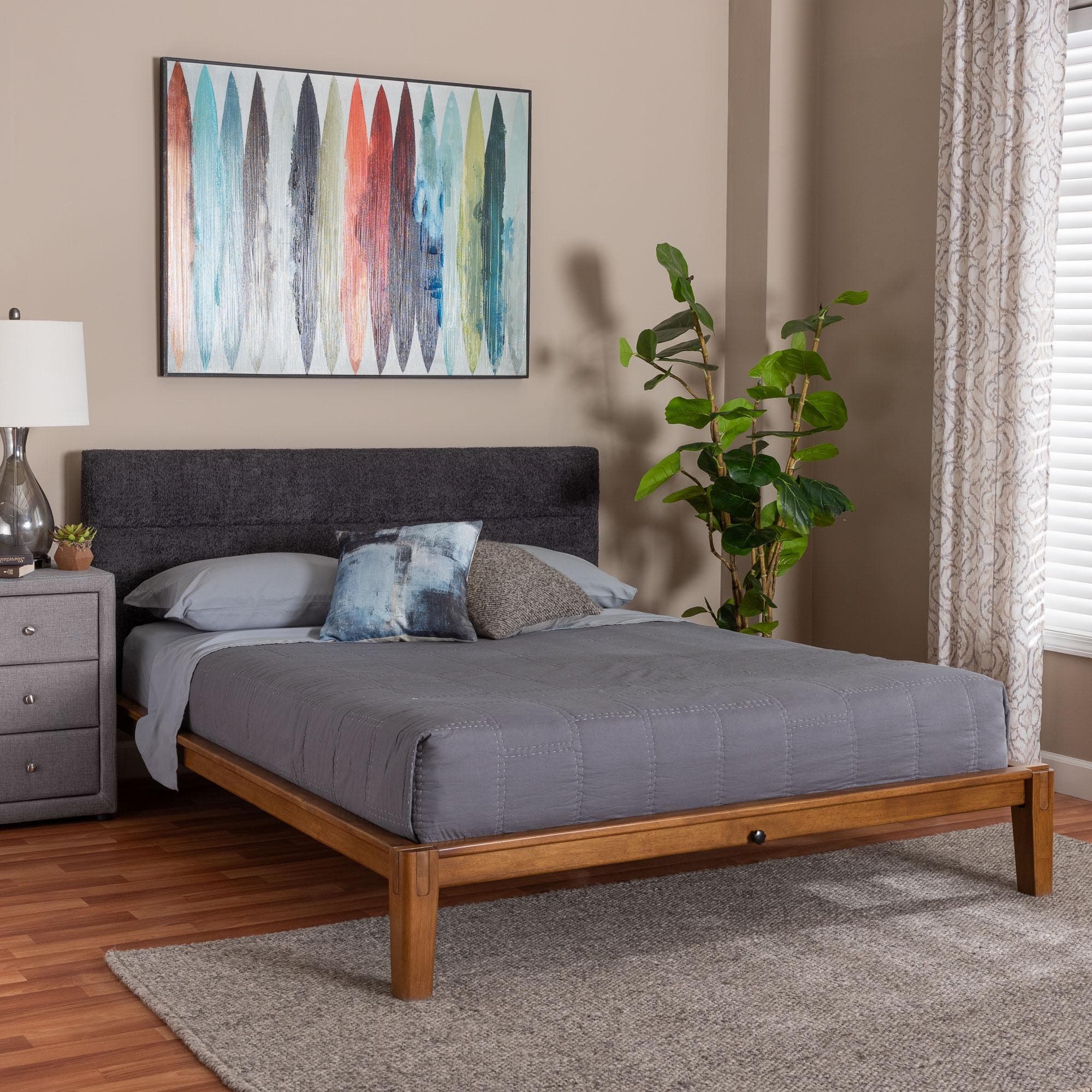 Baxton Studio Mariette Japandi Dark Grey Teddy Fabric and Walnut