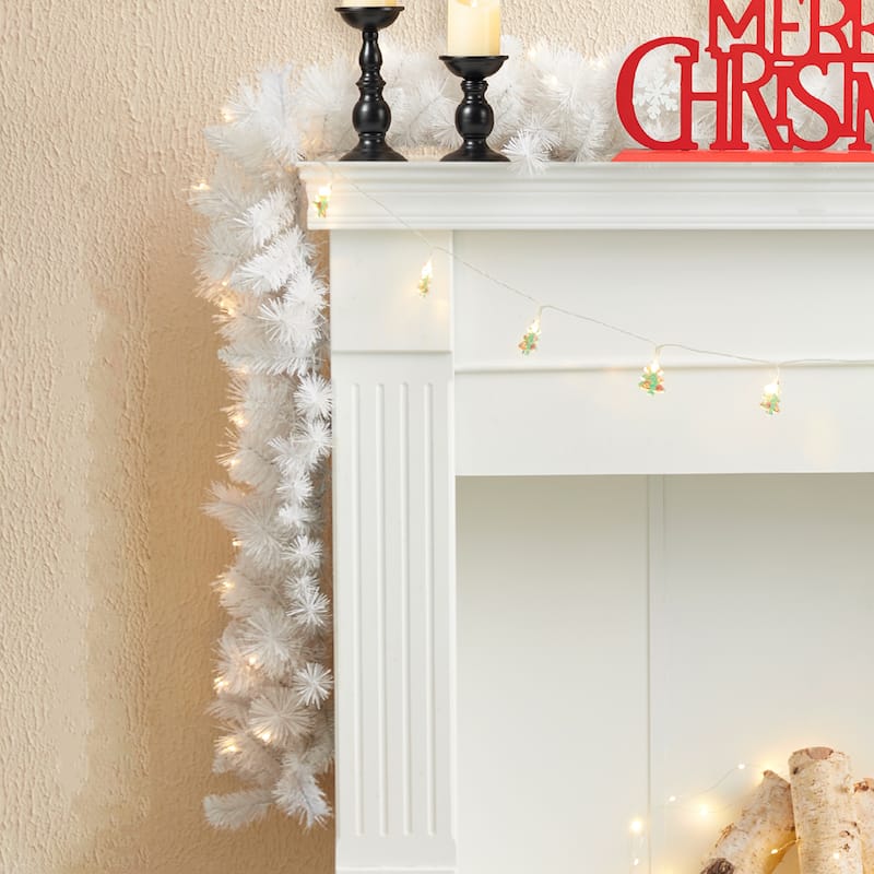 Glitzhome 9ft Pre-Lit White Pine Christmas Garland with Warm White Lights and Timer