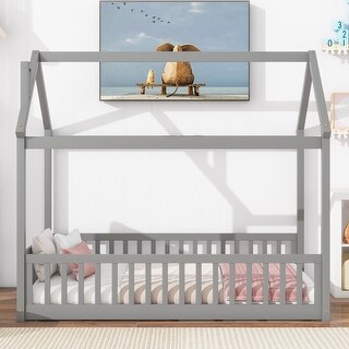 Twin House Bed with Guardrails, Montessori Floor Bed Frame with Roof for Kids, Wooden House-shaped Kids Bed Frame for Boys Girls